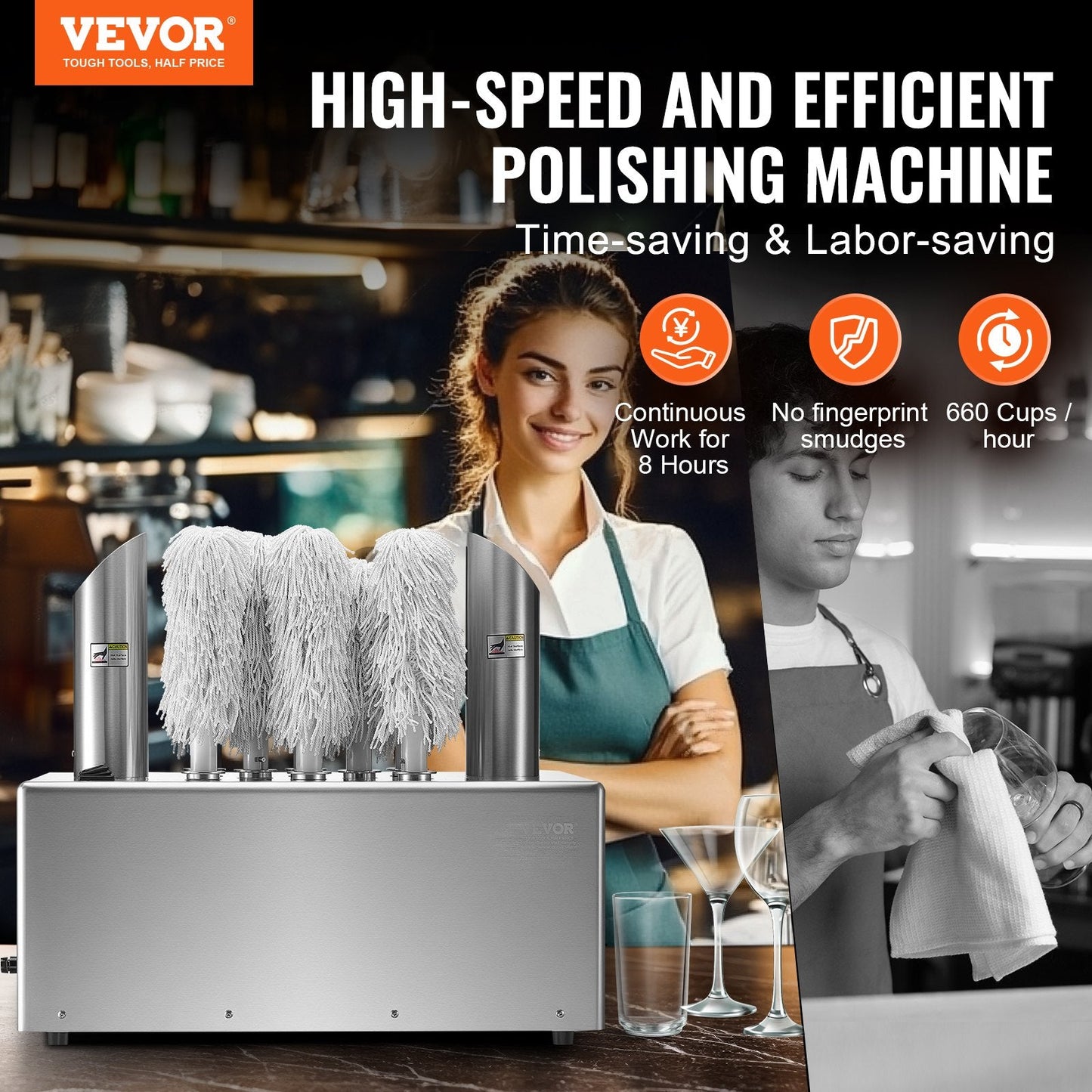 Vevor Wine Glass Polisher 8-Brush Electric 660 Glasses/Hr Stainless Steel with Hot Air Drying New