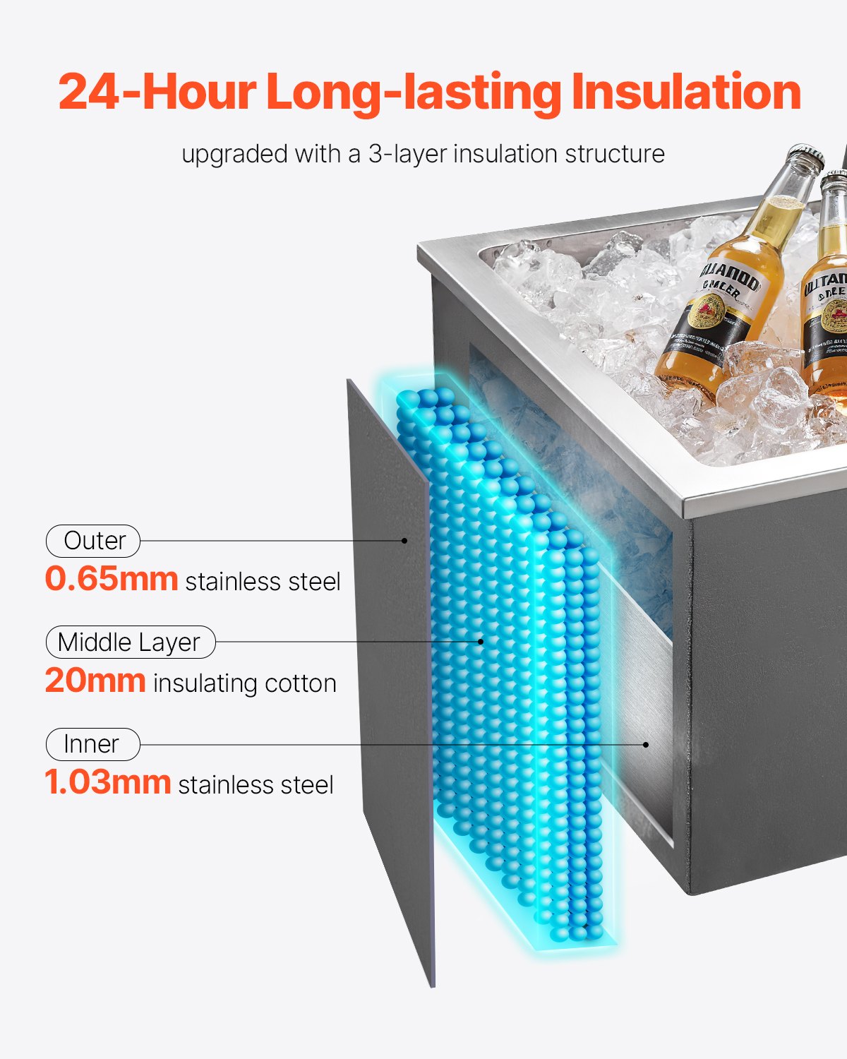 Vevor Drop-In Ice Chest 113.7 Qt Stainless Steel 28" x 20" x 17" Insulated with Flip Lid and Drain New