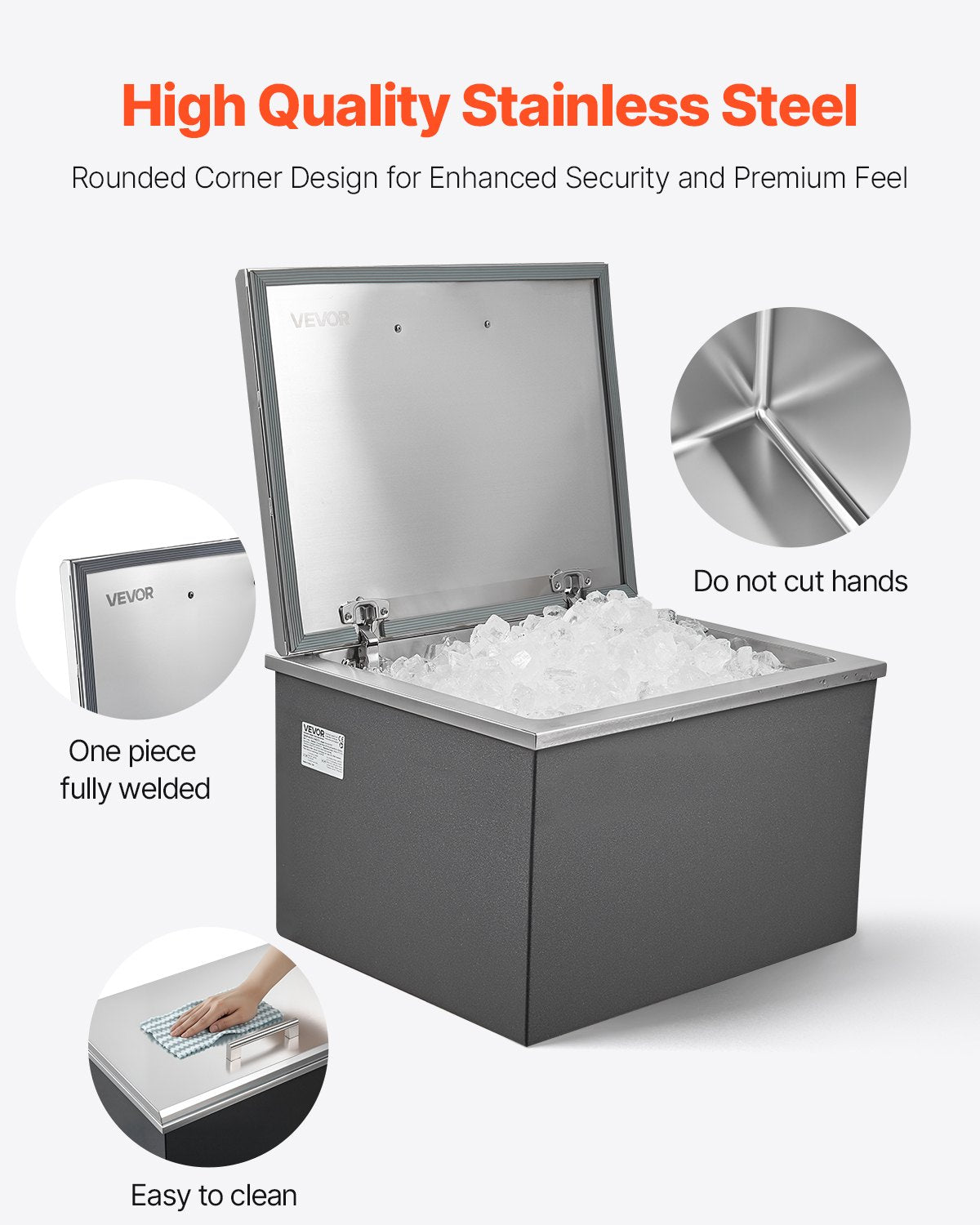 Vevor Drop-In Ice Chest 113.7 Qt Stainless Steel 28" x 20" x 17" Insulated with Flip Lid and Drain New