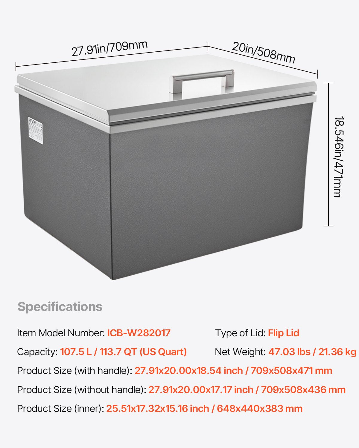 Vevor Drop-In Ice Chest 113.7 Qt Stainless Steel 28" x 20" x 17" Insulated with Flip Lid and Drain New