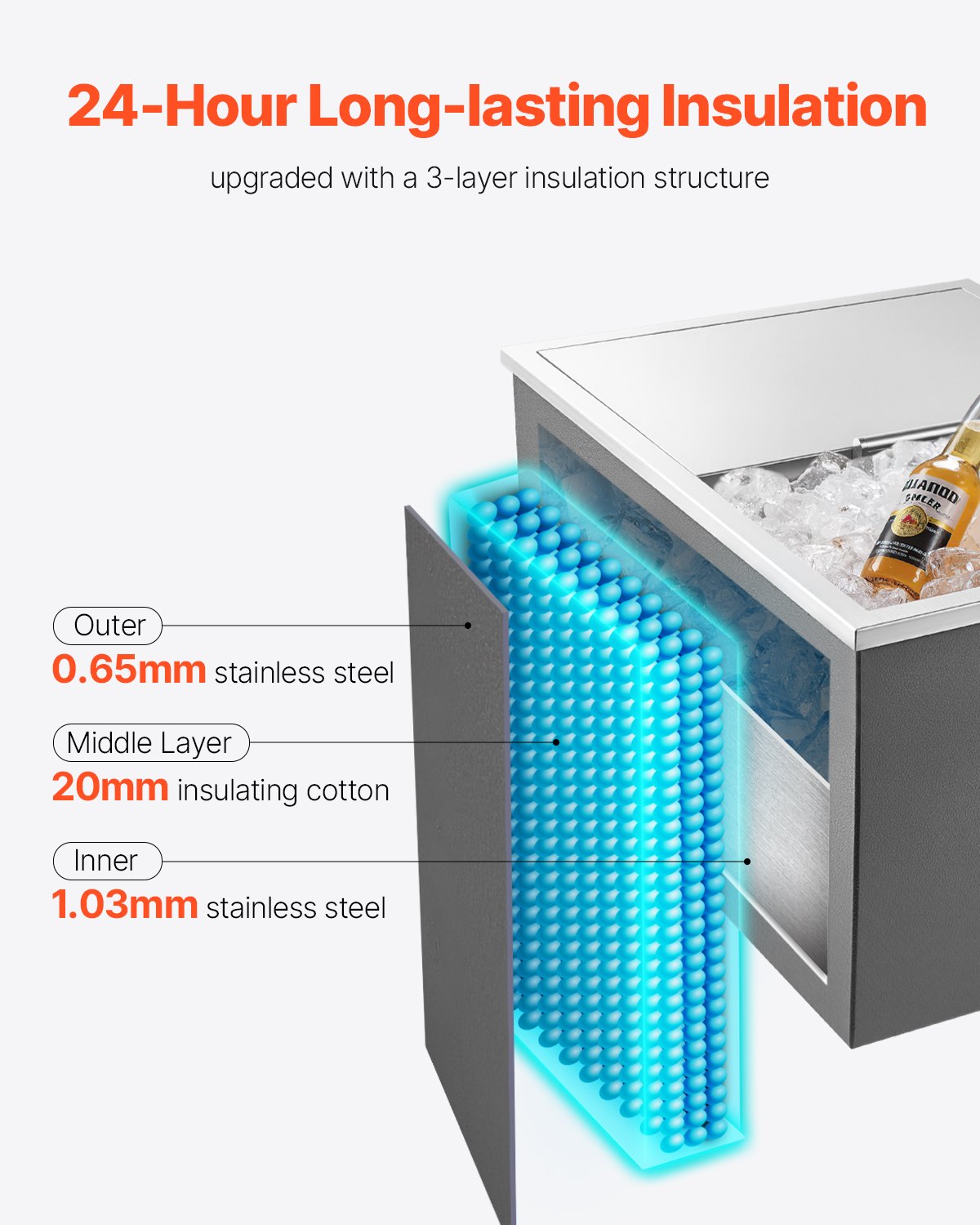 Vevor Drop-In Ice Chest 57.8 Qt Stainless Steel 24" x 18" x 13" Insulated with Sliding Lid and Drain New