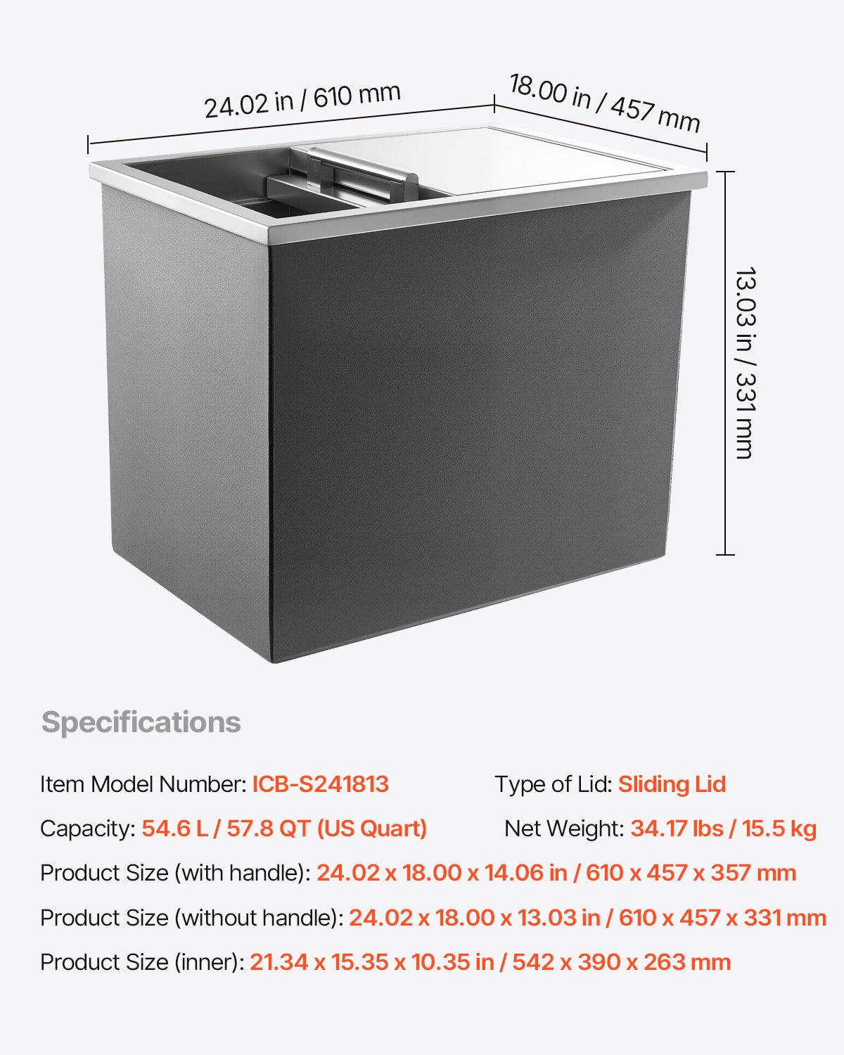 Vevor Drop-In Ice Chest 57.8 Qt Stainless Steel 24" x 18" x 13" Insulated with Sliding Lid and Drain New