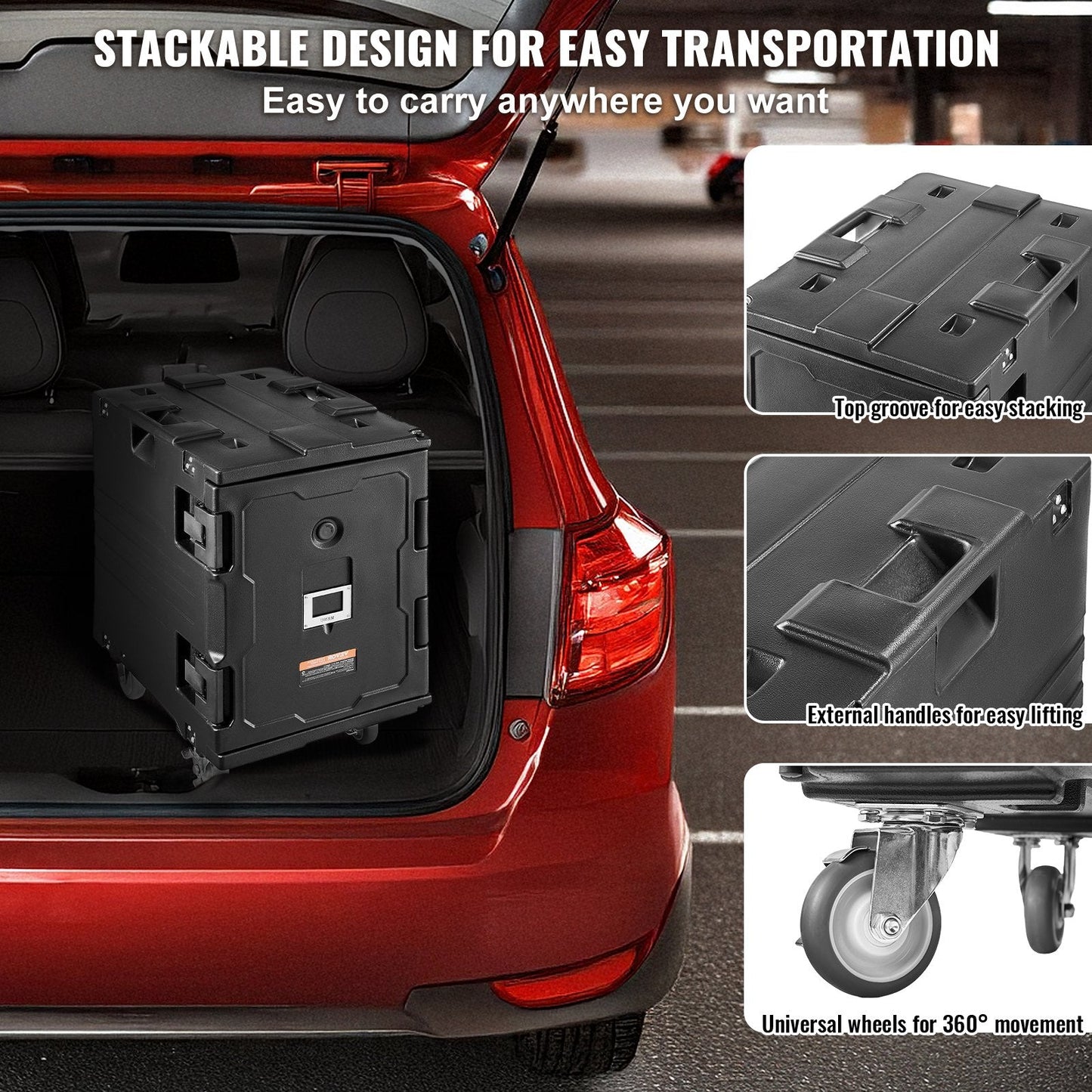 Vevor Insulated Food Pan Carrier 95 Qt Stackable Hot and Cold Transport Box with Wheels New