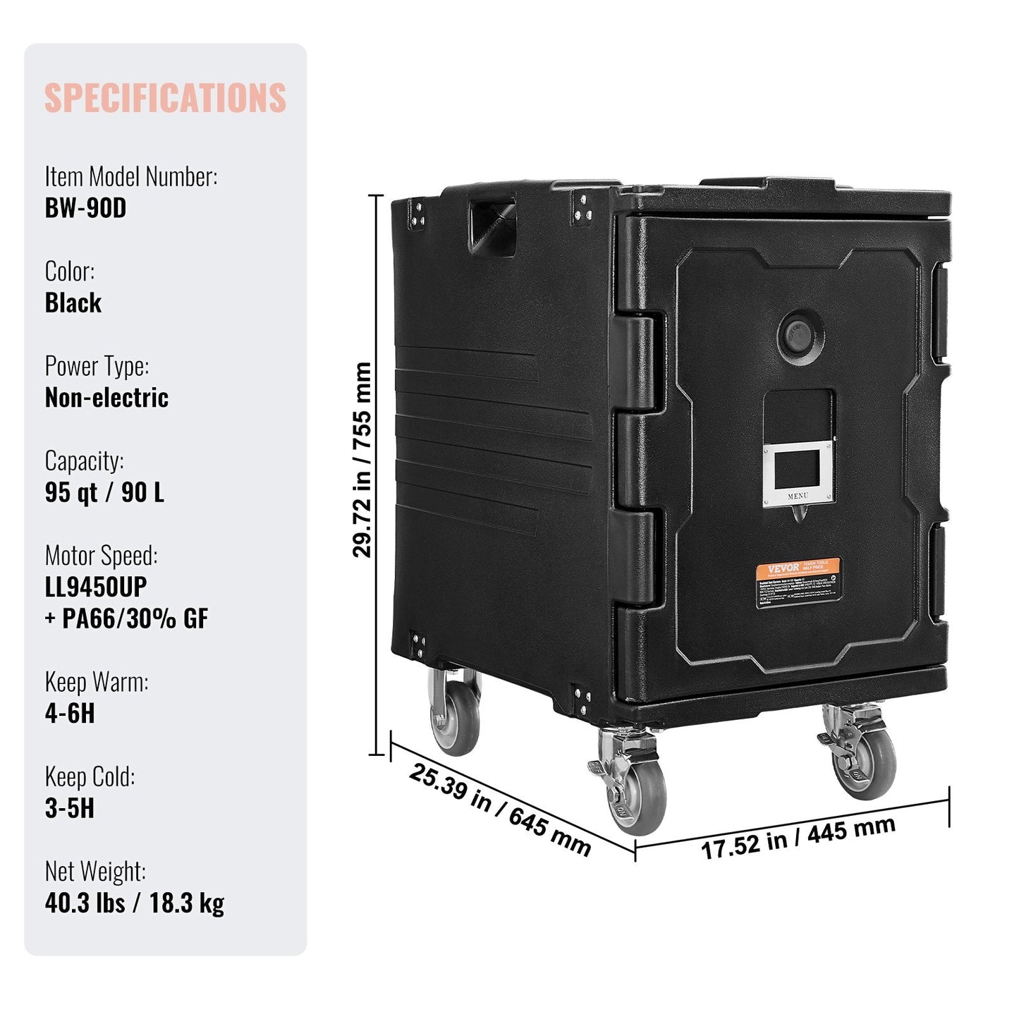 Vevor Insulated Food Pan Carrier 95 Qt Stackable Hot and Cold Transport Box with Wheels New