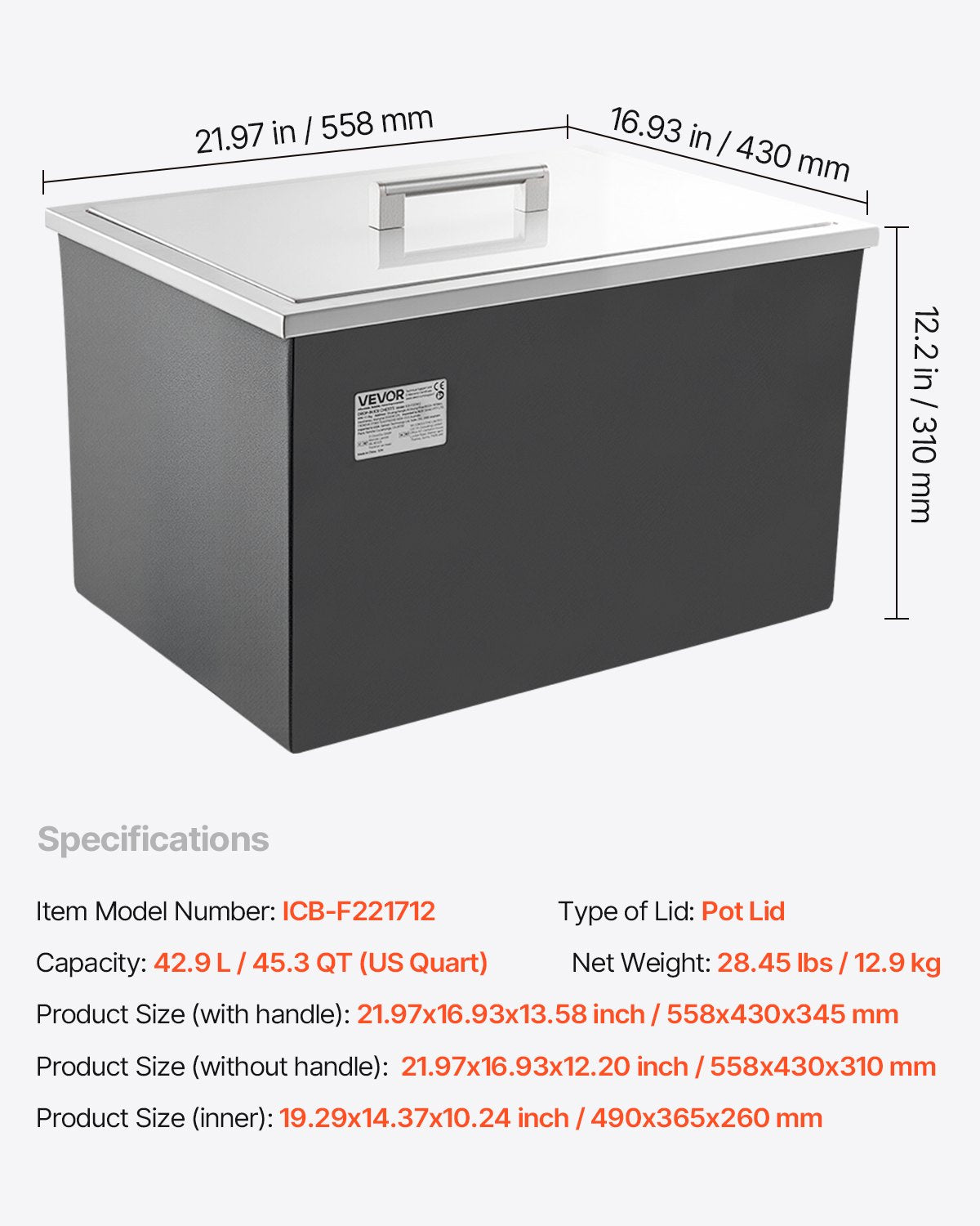 Vevor Drop-in Ice Chest 45.3 QT Stainless Steel Bin 22" x 17" x 12" New