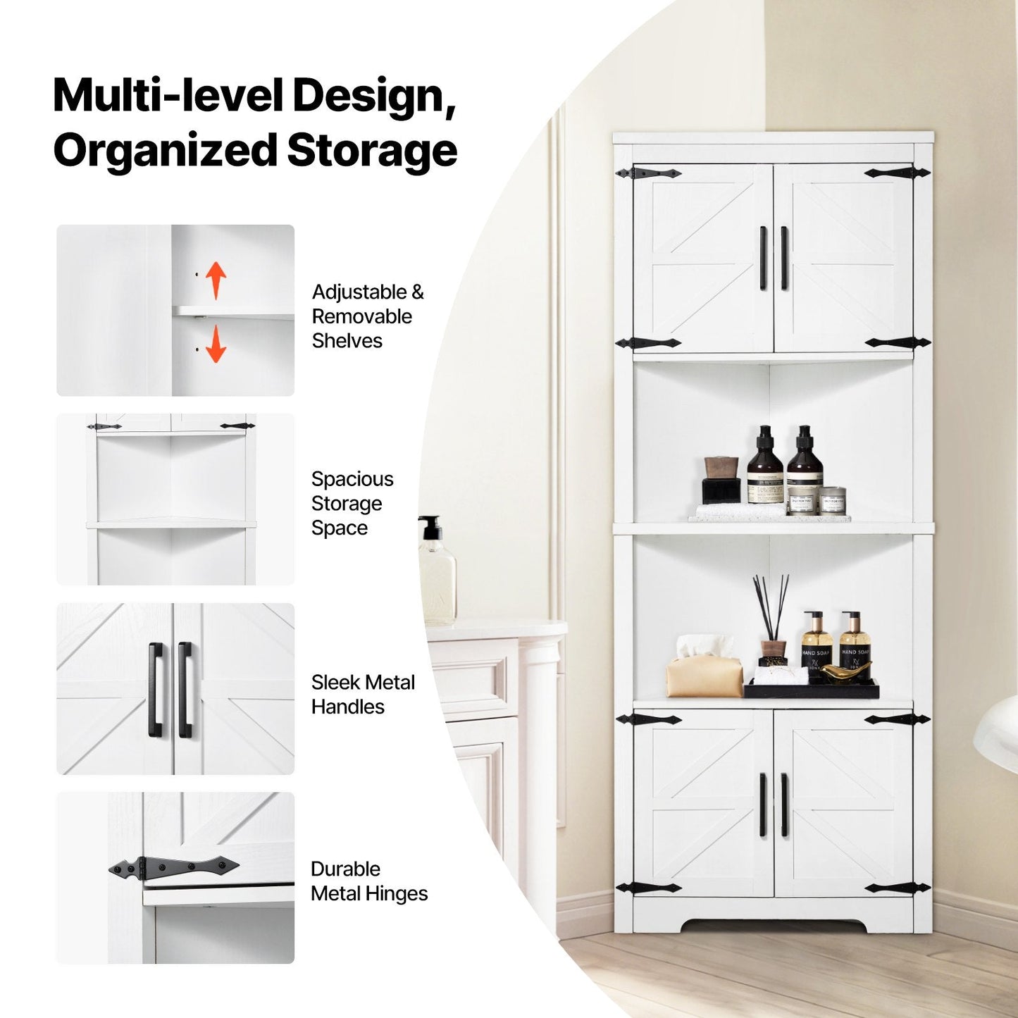 Vevor Corner Storage Cabinet 68" with Wooden Doors Adjustable Shelves New