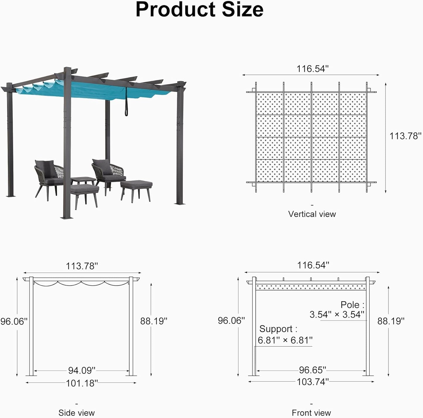 PURPLE LEAF Outdoor Pergola with Retractable Canopy Aluminum Shelter for Beach Porch Garden  Shade Pavilion Pergola  with Lights