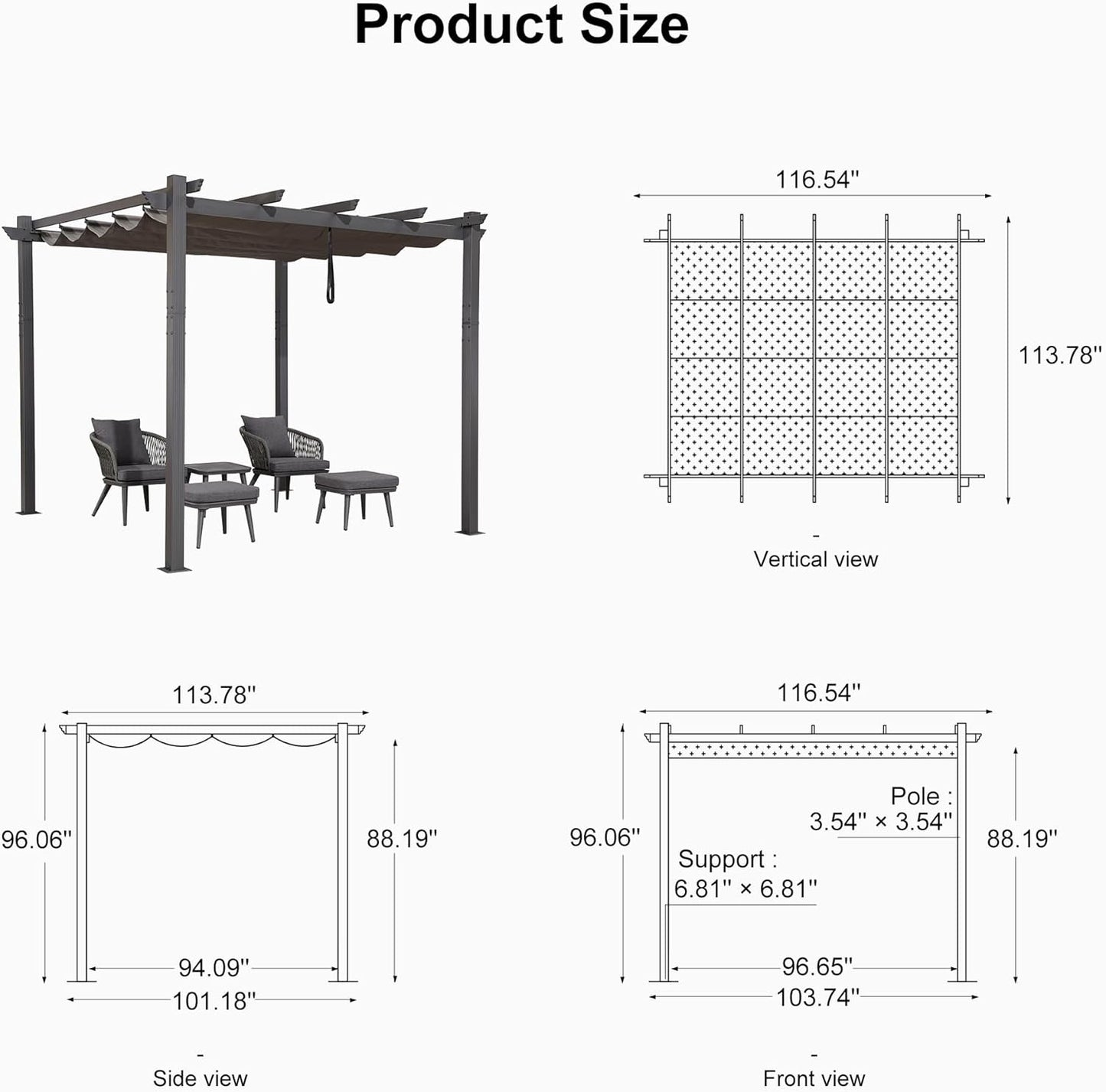 PURPLE LEAF Outdoor Pergola with Retractable Canopy Aluminum Shelter for Beach Porch Garden  Shade Pavilion Pergola  with Lights