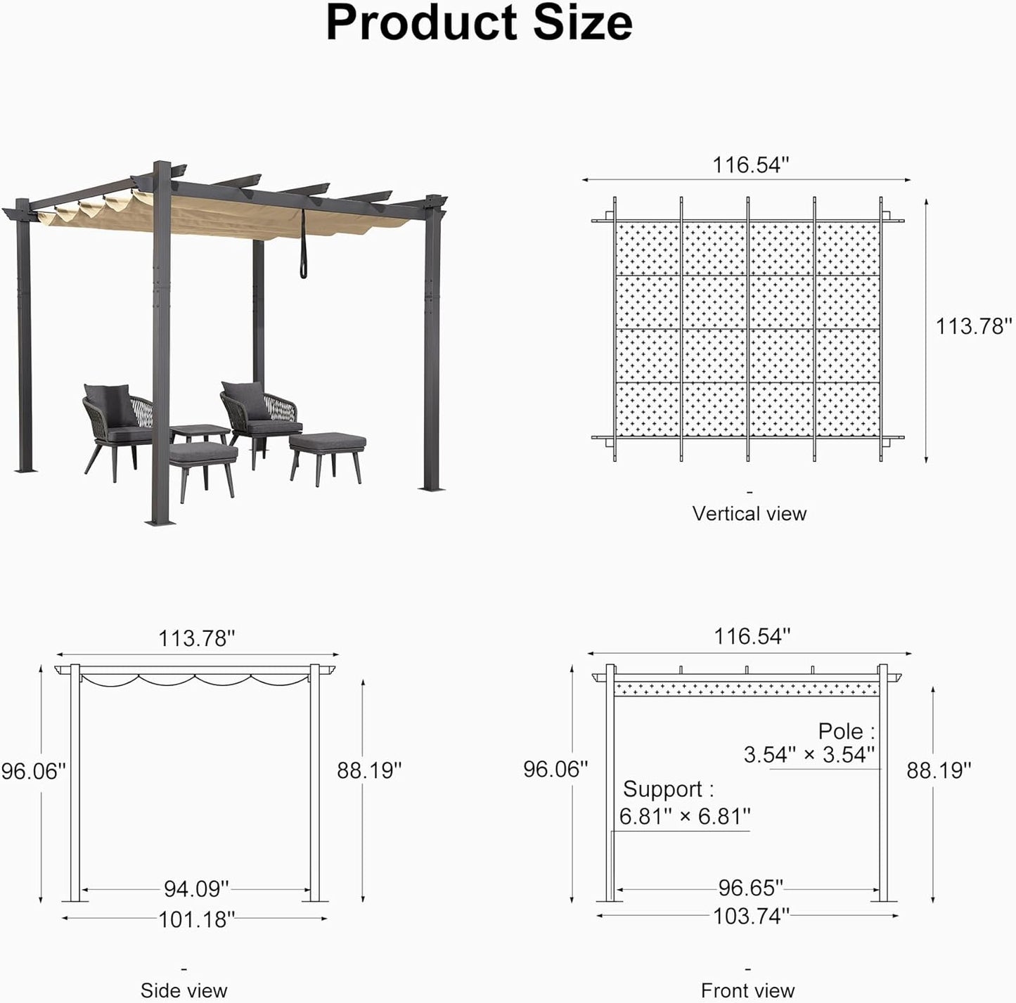 PURPLE LEAF Outdoor Pergola with Retractable Canopy Aluminum Shelter for Beach Porch Garden  Shade Pavilion Pergola  with Lights