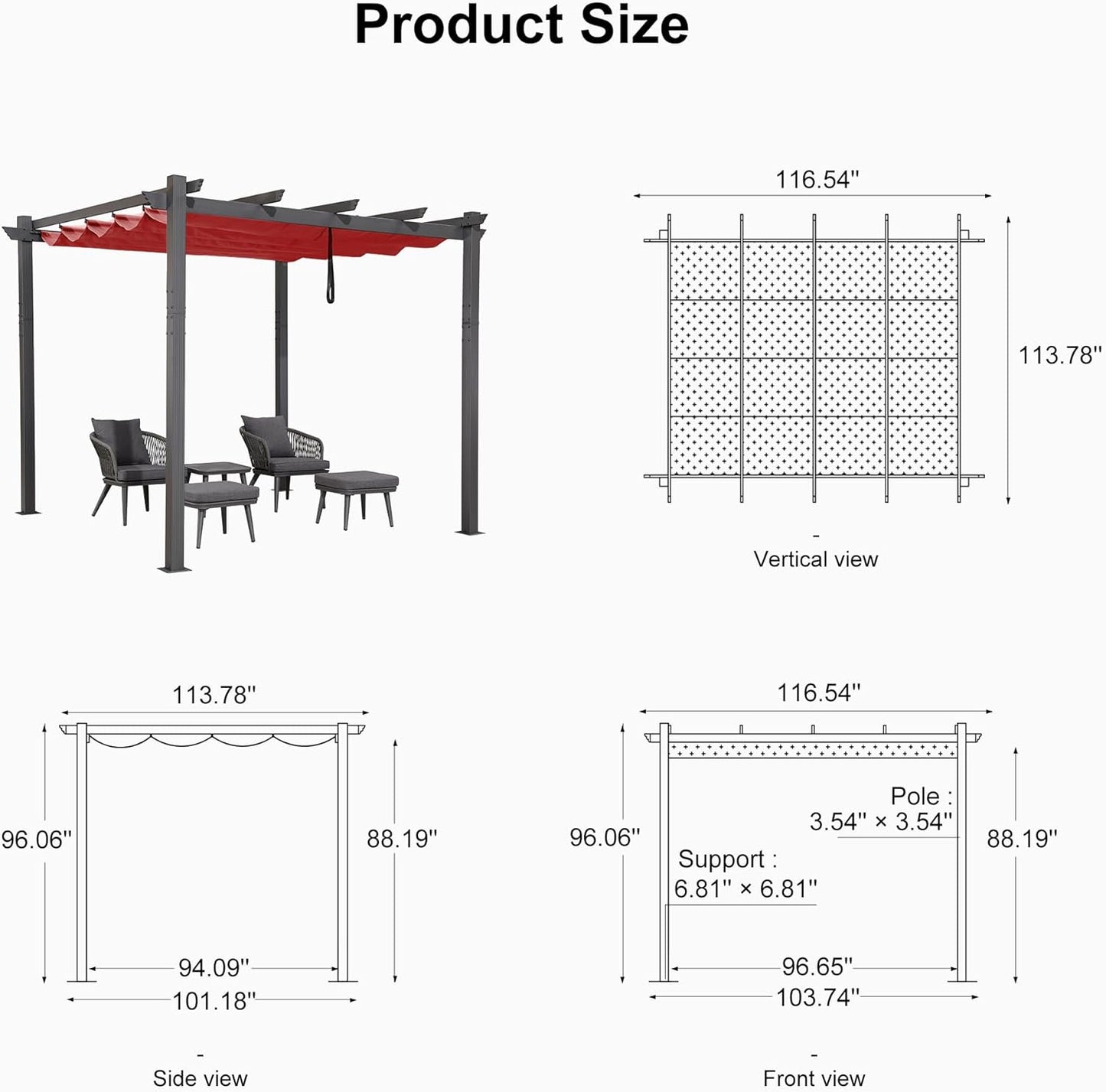 PURPLE LEAF Outdoor Pergola with Retractable Canopy Aluminum Shelter for Beach Porch Garden  Shade Pavilion Pergola  with Lights