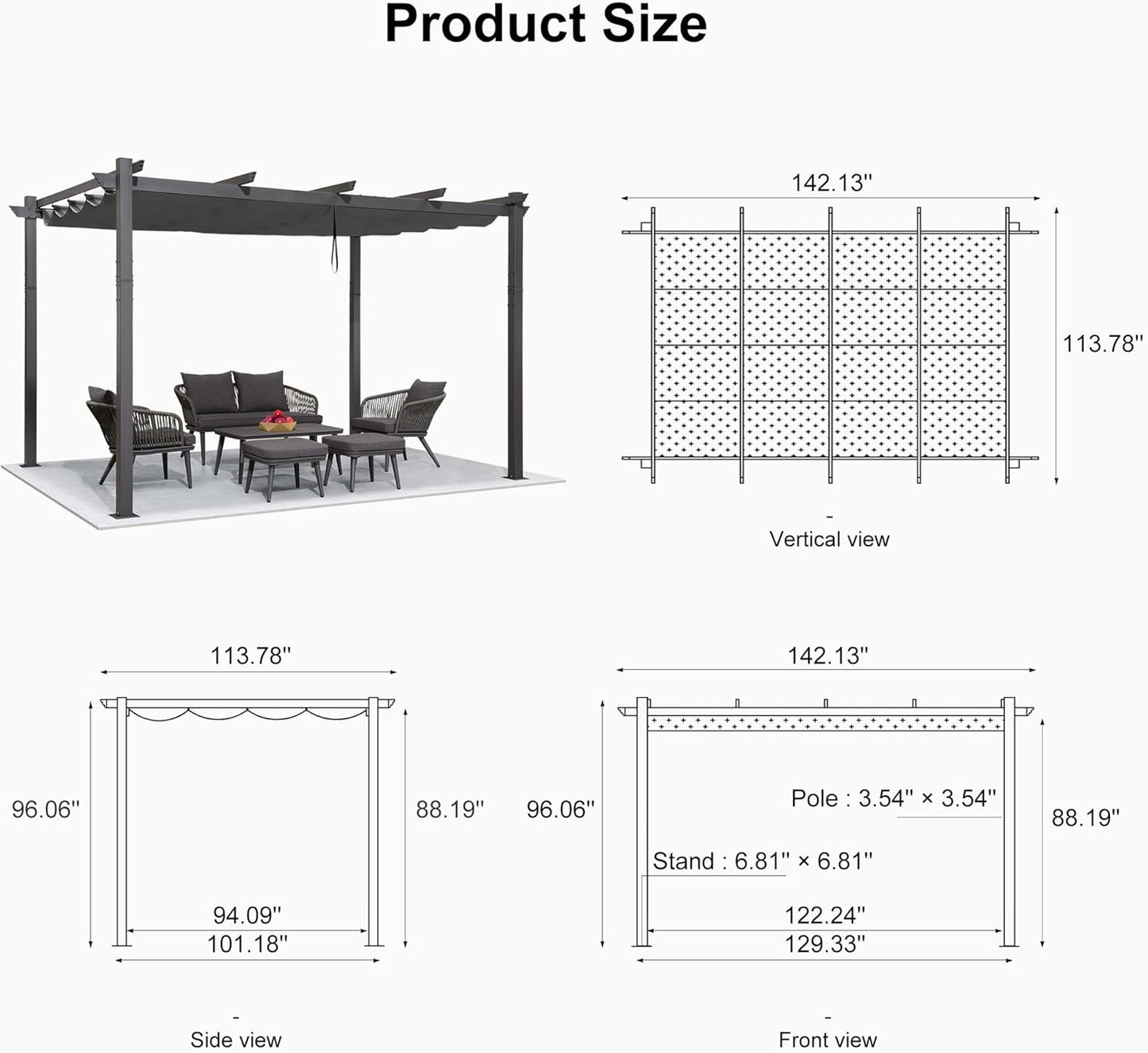 PURPLE LEAF Outdoor Pergola with Retractable Canopy Aluminum Shelter for Beach Porch Garden  Shade Pavilion Pergola  with Lights