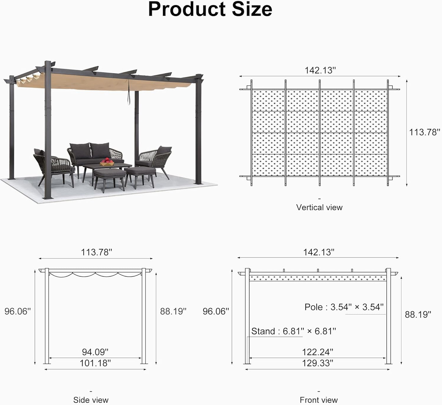 PURPLE LEAF Outdoor Pergola with Retractable Canopy Aluminum Shelter for Beach Porch Garden  Shade Pavilion Pergola  with Lights