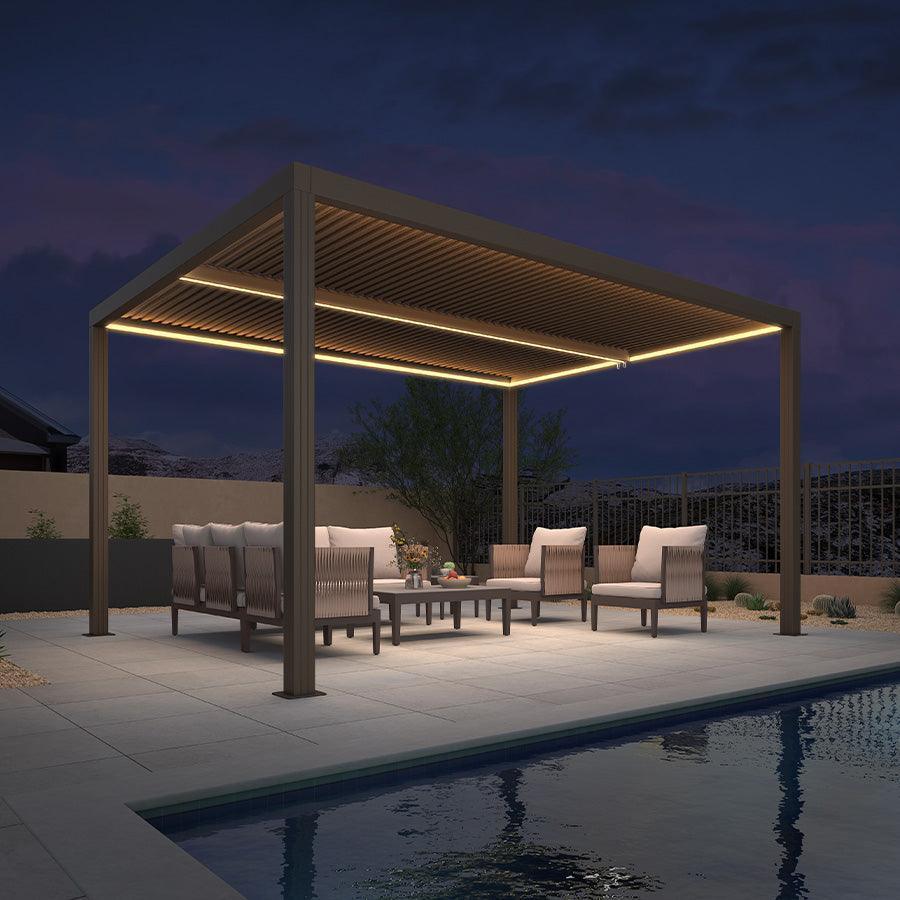 PURPLE LEAF Louvered Pergola Bronze Outdoor Aluminum Pergola with Strip Lights Adjustable Gazebo for Patio Deck Garden
