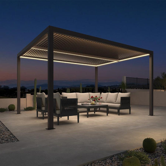 PURPLE LEAF Louvered Pergola Grey Outdoor Aluminum Pergola with Strip Lights Adjustable Gazebo for Patio Deck Garden