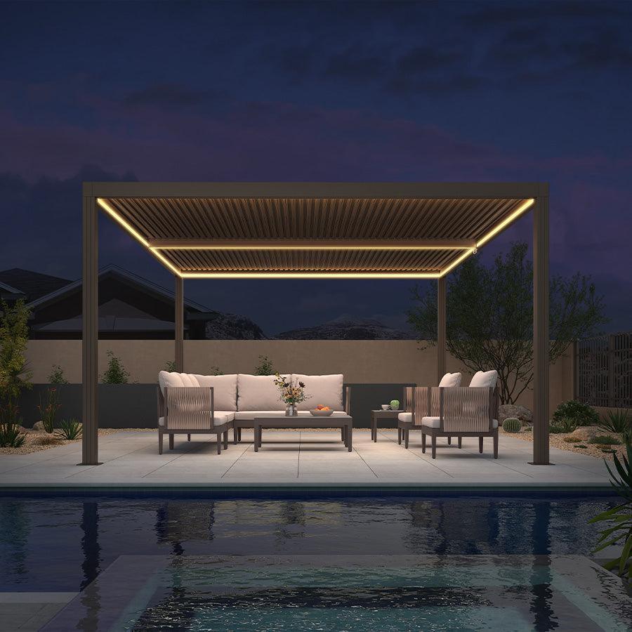 PURPLE LEAF Louvered Pergola Bronze Outdoor Aluminum Pergola with Strip Lights Adjustable Gazebo for Patio Deck Garden