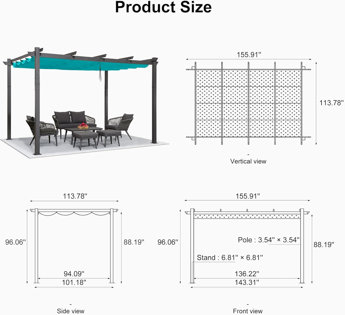 PURPLE LEAF Outdoor Pergola with Retractable Canopy Aluminum Shelter for Beach Porch Garden  Shade Pavilion Pergola  with Lights