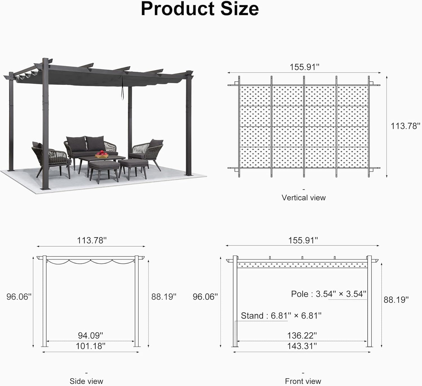 PURPLE LEAF Outdoor Pergola with Retractable Canopy Aluminum Shelter for Beach Porch Garden  Shade Pavilion Pergola  with Lights