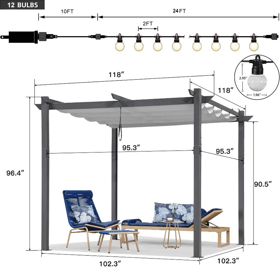 PURPLE LEAF Outdoor Retractable Pergola with Sun Shade Canopy Patio Aluminum Pergola With Lights