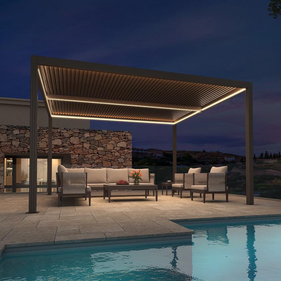 PURPLE LEAF Louvered Pergola Bronze Outdoor Aluminum Pergola with Strip Lights Adjustable Gazebo for Patio Deck Garden