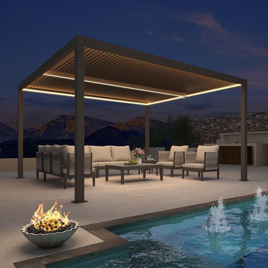 PURPLE LEAF Louvered Pergola Bronze Outdoor Aluminum Pergola with Strip Lights Adjustable Gazebo for Patio Deck Garden