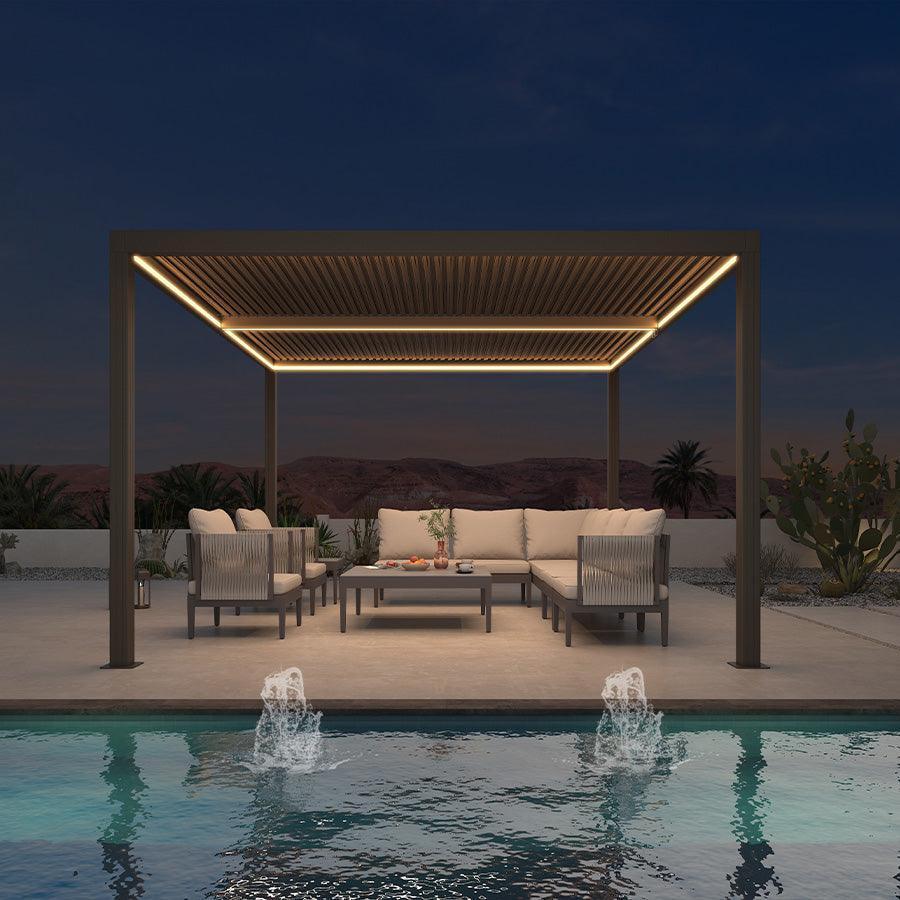 PURPLE LEAF Louvered Pergola Bronze Outdoor Aluminum Pergola with Strip Lights Adjustable Gazebo for Patio Deck Garden