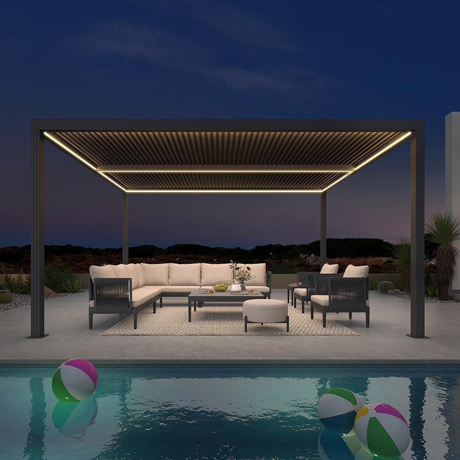 PURPLE LEAF Louvered Pergola Grey Outdoor Aluminum Pergola with Strip Lights Adjustable Gazebo for Patio Deck Garden