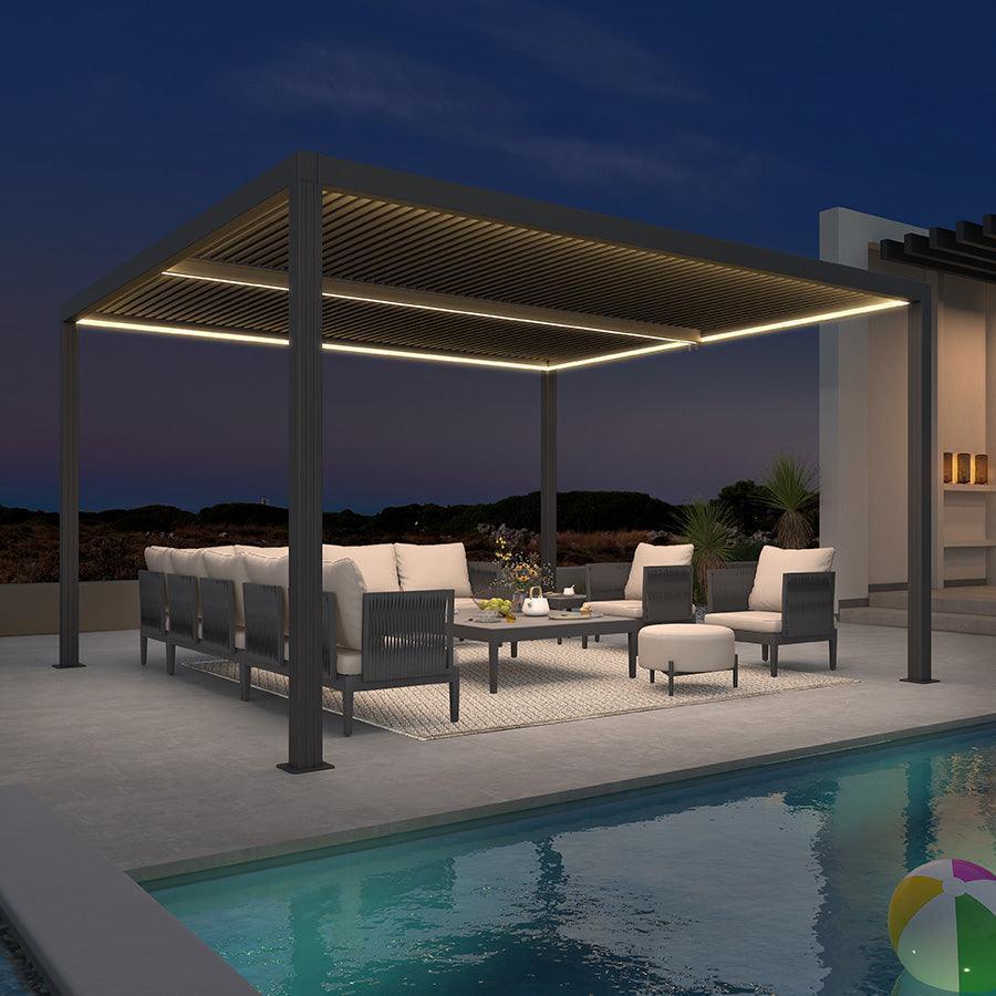 PURPLE LEAF Louvered Pergola Grey Outdoor Aluminum Pergola with Strip Lights Adjustable Gazebo for Patio Deck Garden