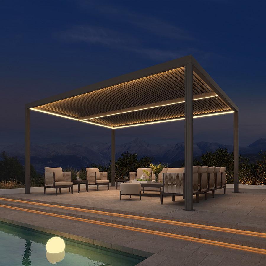 PURPLE LEAF Louvered Pergola Bronze Outdoor Aluminum Pergola with Strip Lights Adjustable Gazebo for Patio Deck Garden