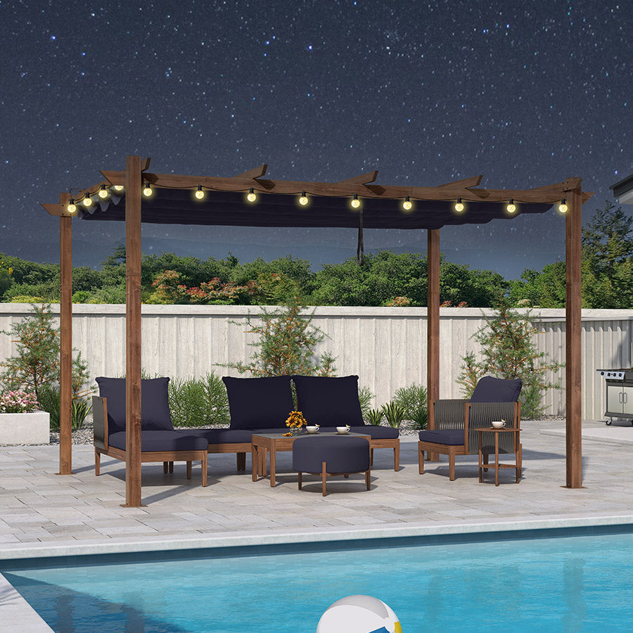 PURPLE LEAF Outdoor Retractable Pergola with Sun Shade Canopy In Natural Wood Grain Frame With Lights