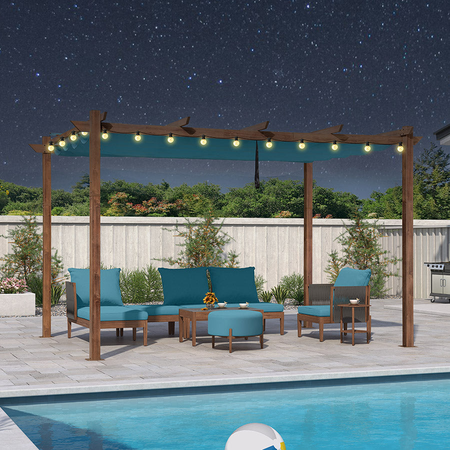 PURPLE LEAF Outdoor Retractable Pergola with Sun Shade Canopy In Natural Wood Grain Frame With Lights