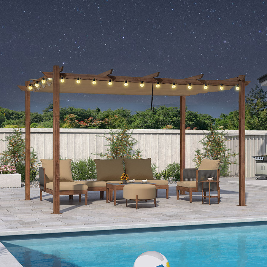 PURPLE LEAF Outdoor Retractable Pergola with Sun Shade Canopy In Natural Wood Grain Frame With Lights