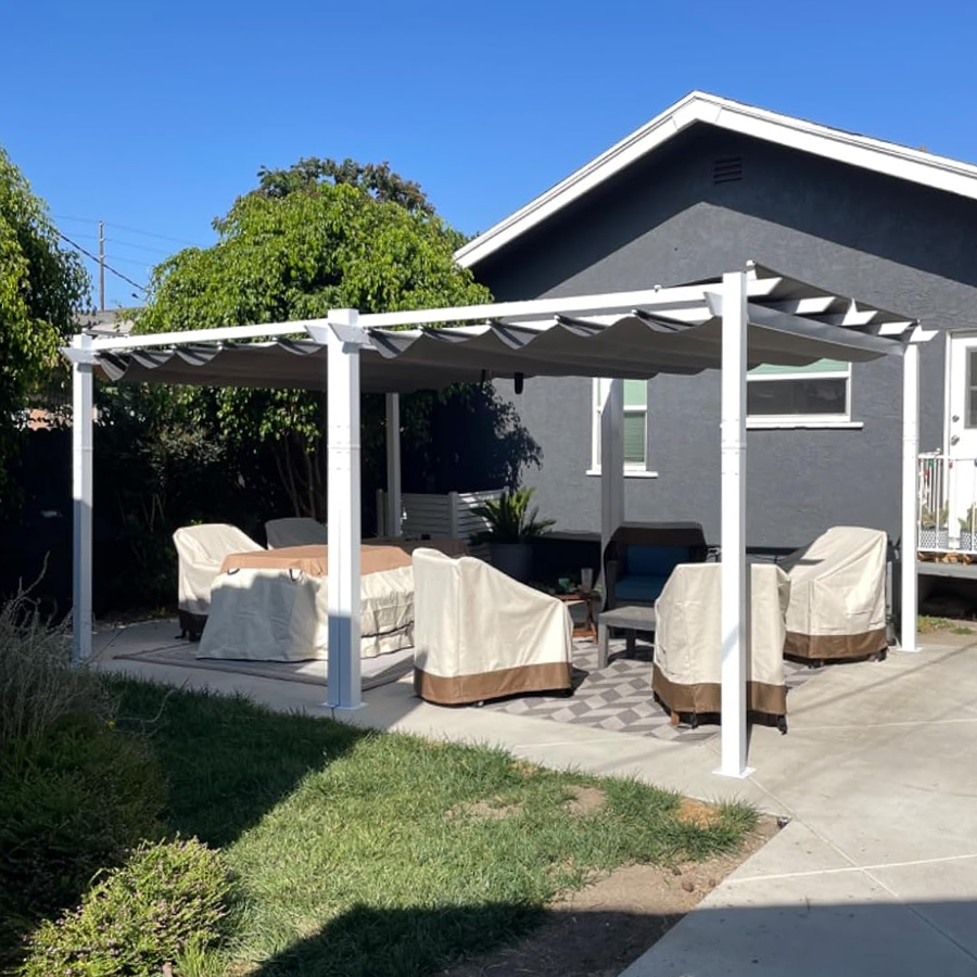 PURPLE LEAF Outdoor Retractable Pergola with Double Sun Shade Canopy White Heavy-Duty Aluminum Pergola Patio Modern Pergola With Lights