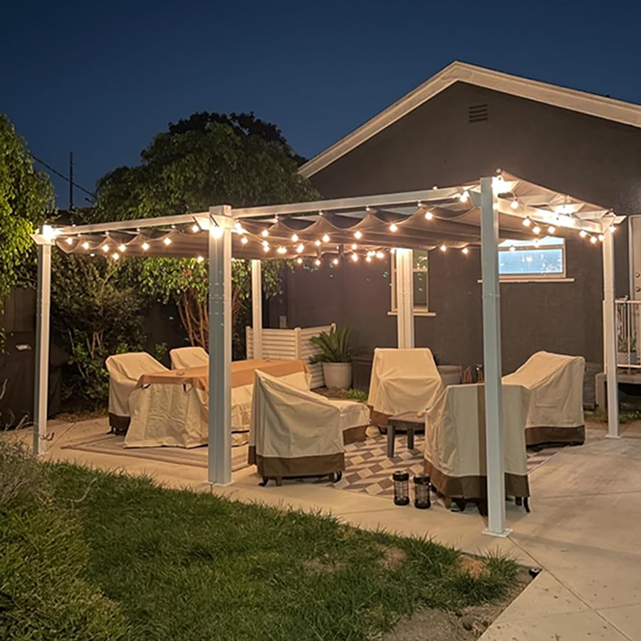 PURPLE LEAF Outdoor Retractable Pergola with Double Sun Shade Canopy White Heavy-Duty Aluminum Pergola Patio Modern Pergola With Lights