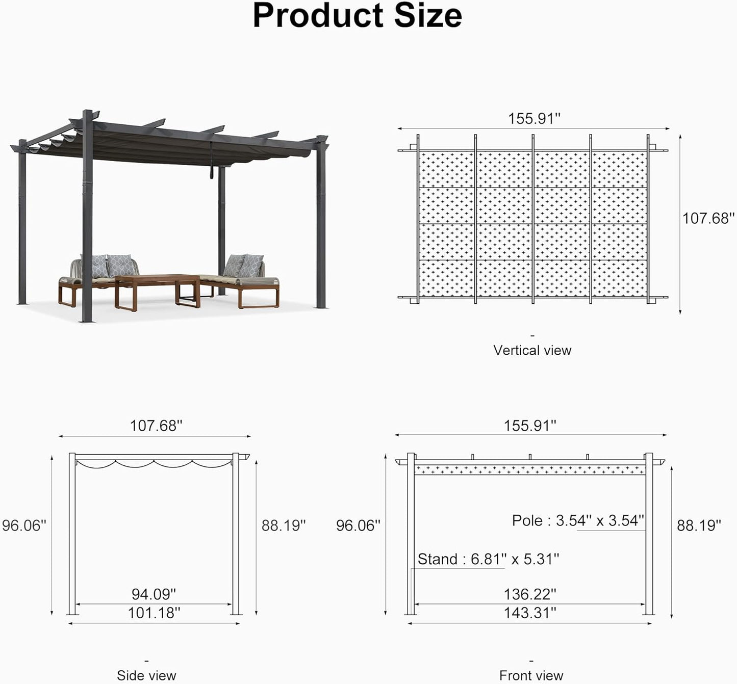PURPLE LEAF Outdoor Pergola with Retractable Canopy Aluminum Shelter for Beach Porch Garden  Shade Pavilion Pergola  with Lights