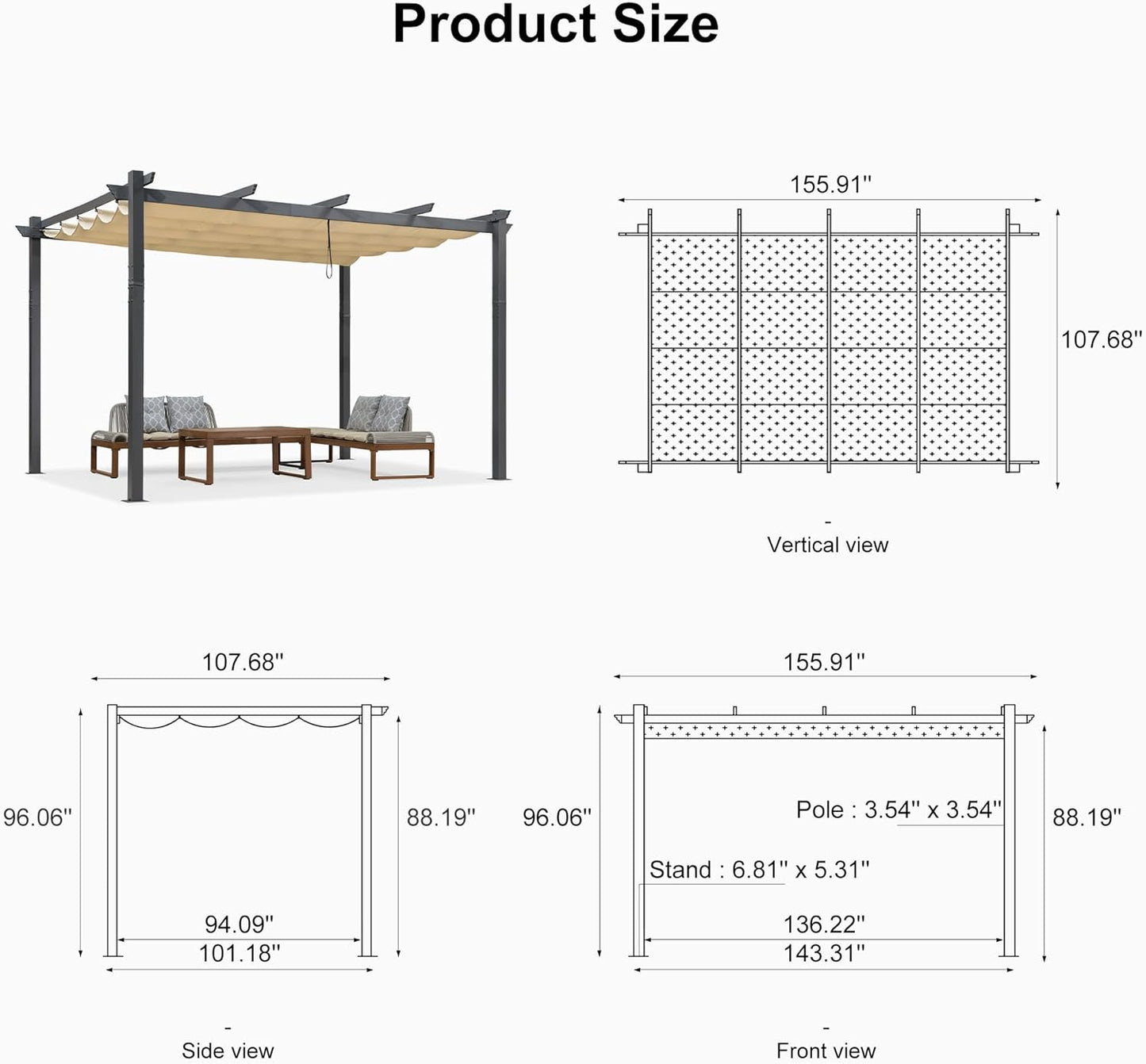 PURPLE LEAF Outdoor Pergola with Retractable Canopy Aluminum Shelter for Beach Porch Garden  Shade Pavilion Pergola  with Lights