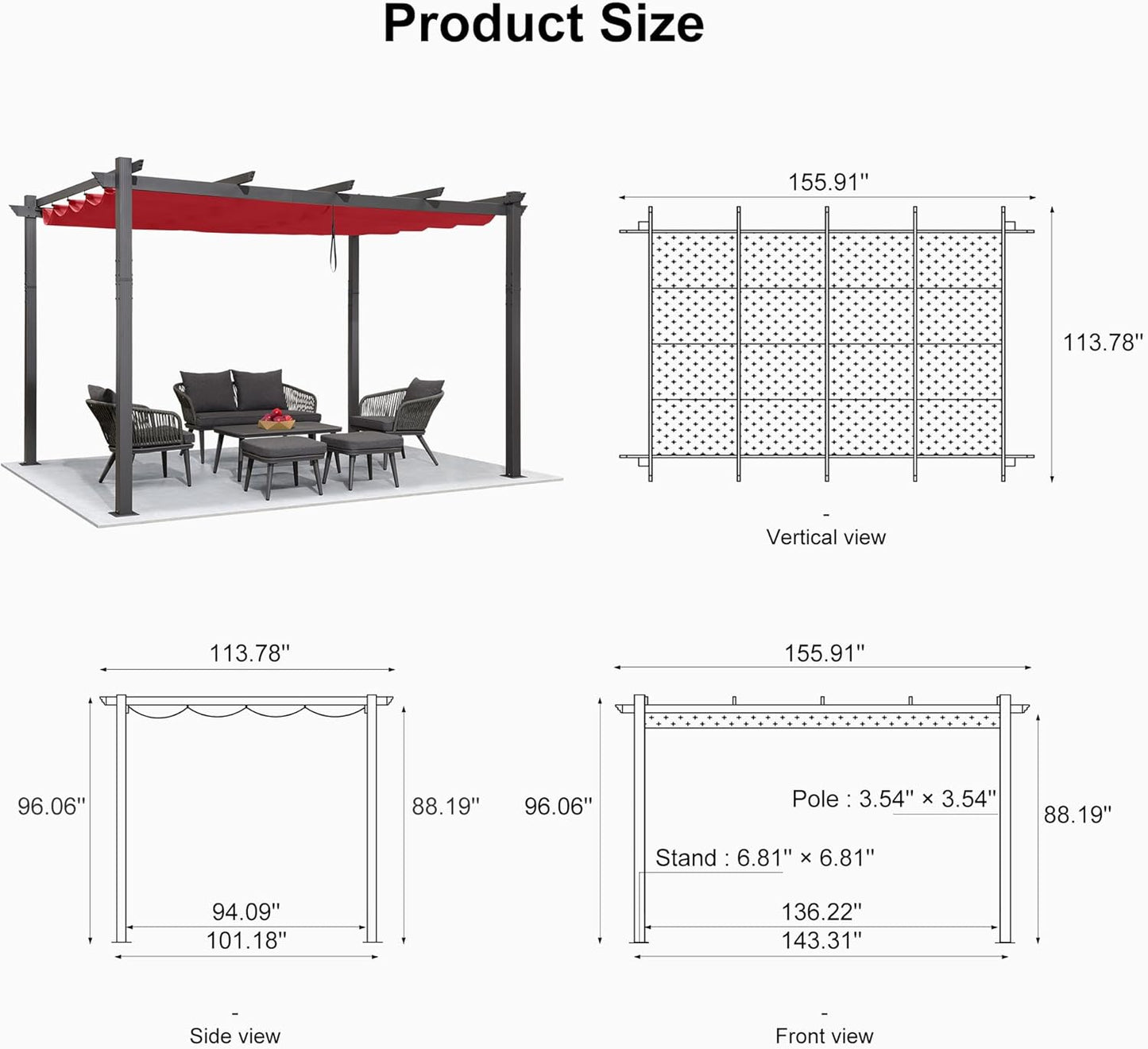 PURPLE LEAF Outdoor Pergola with Retractable Canopy Aluminum Shelter for Beach Porch Garden  Shade Pavilion Pergola  with Lights