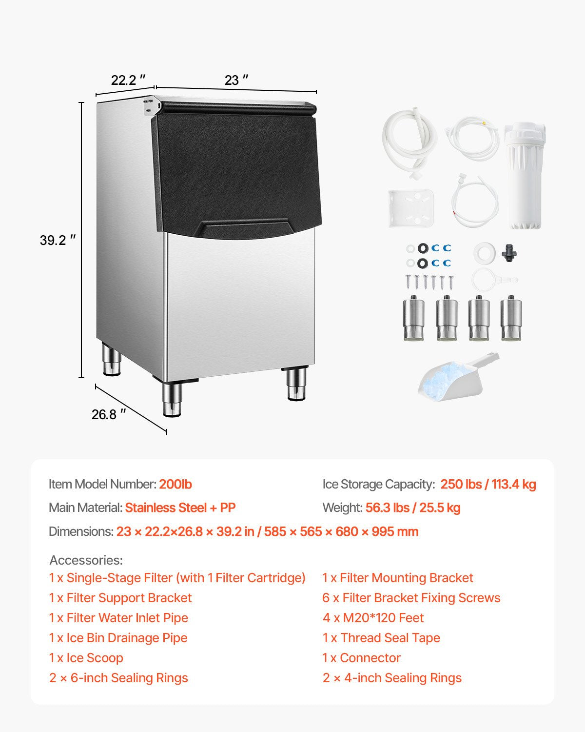 Vevor Commercial Ice Storage Bin 250 Lbs Capacity 201 Stainless Steel with Drainage New