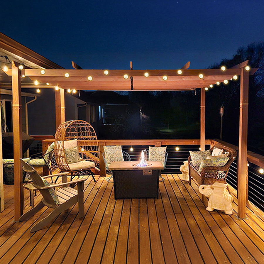 PURPLE LEAF Outdoor Retractable Pergola with Sun Shade Canopy In Natural Wood Grain Frame With Lights