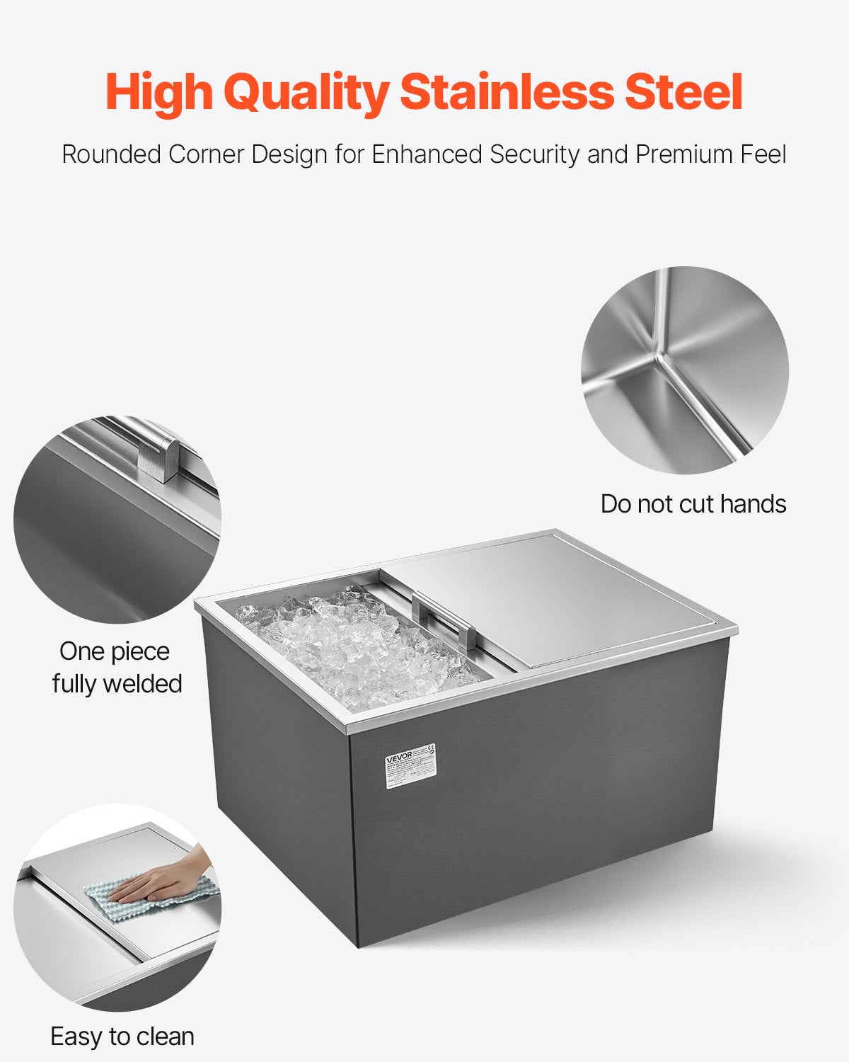 Vevor Drop-In Ice Chest 57.8 Qt Stainless Steel 24" x 18" x 13" Insulated with Sliding Lid and Drain New