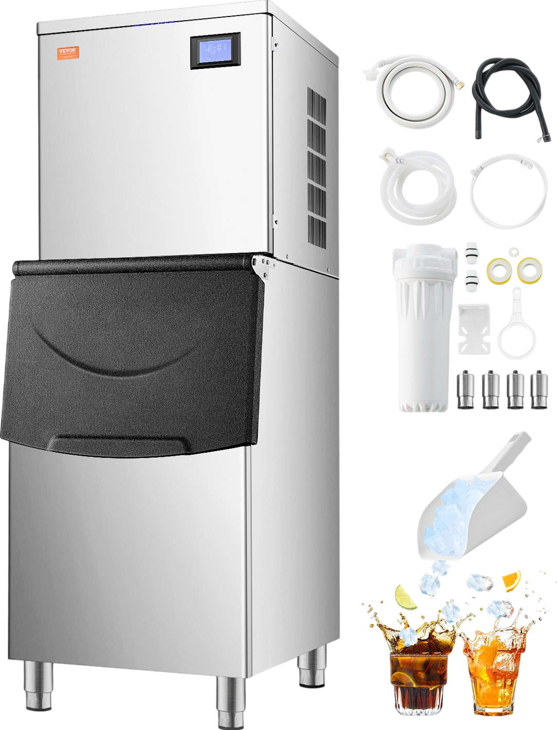 Vevor Commercial Ice Maker 450 Lbs/24 Hr Stainless Steel 250 Lbs Storage Bin Self-Cleaning New