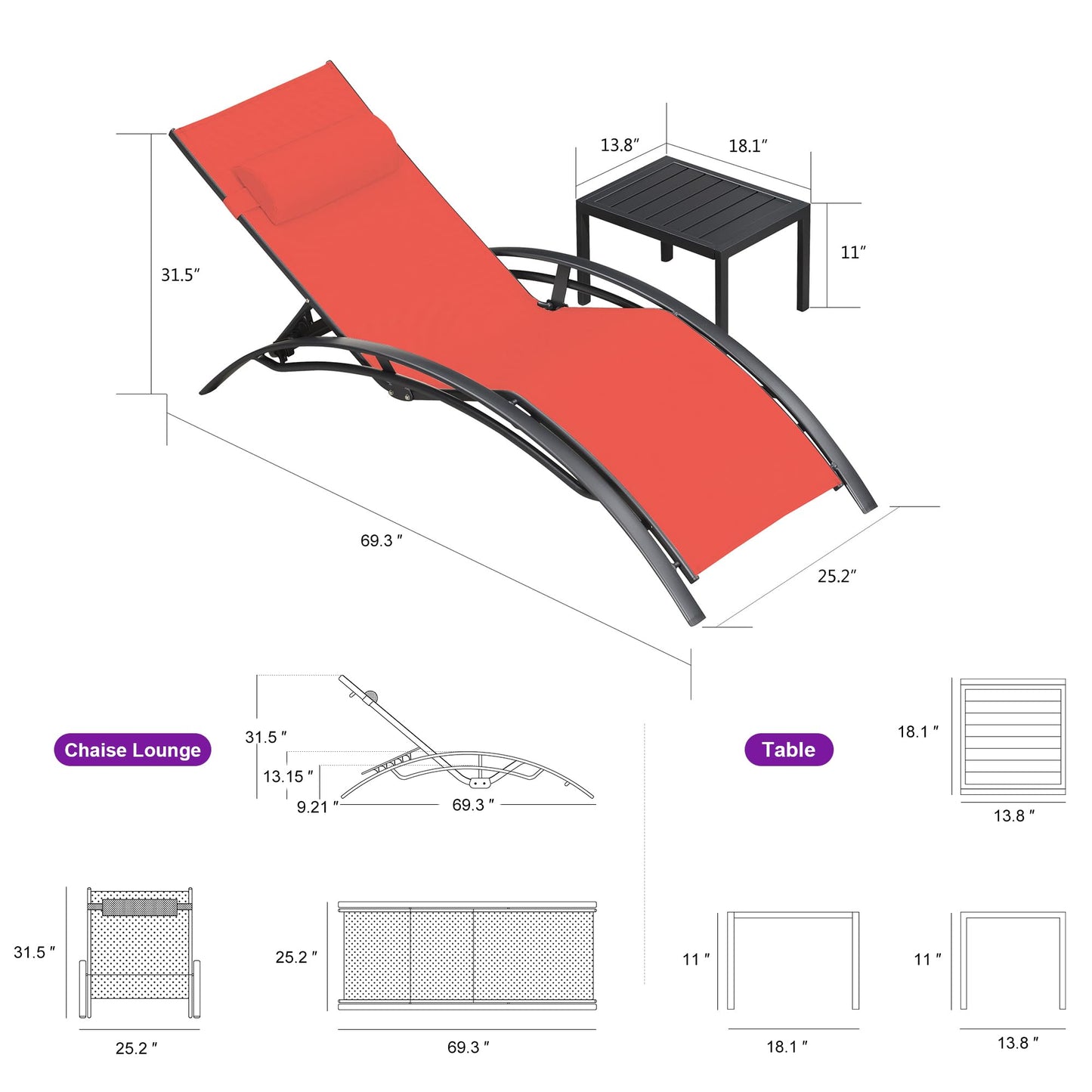 PURPLE LEAF Patio Chaise Lounge Set Outdoor Beach Pool Sunbathing Lawn Lounger Recliner Chair Outside Chairs with Side Table Included
