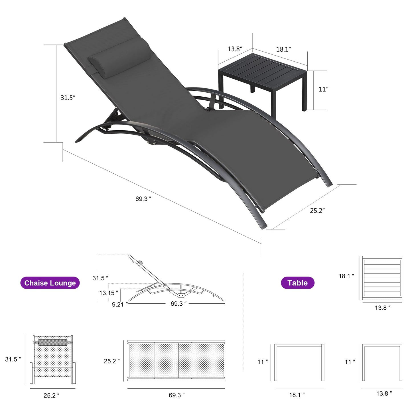 PURPLE LEAF Patio Chaise Lounge Set Outdoor Beach Pool Sunbathing Lawn Lounger Recliner Chair Outside Chairs with Side Table Included