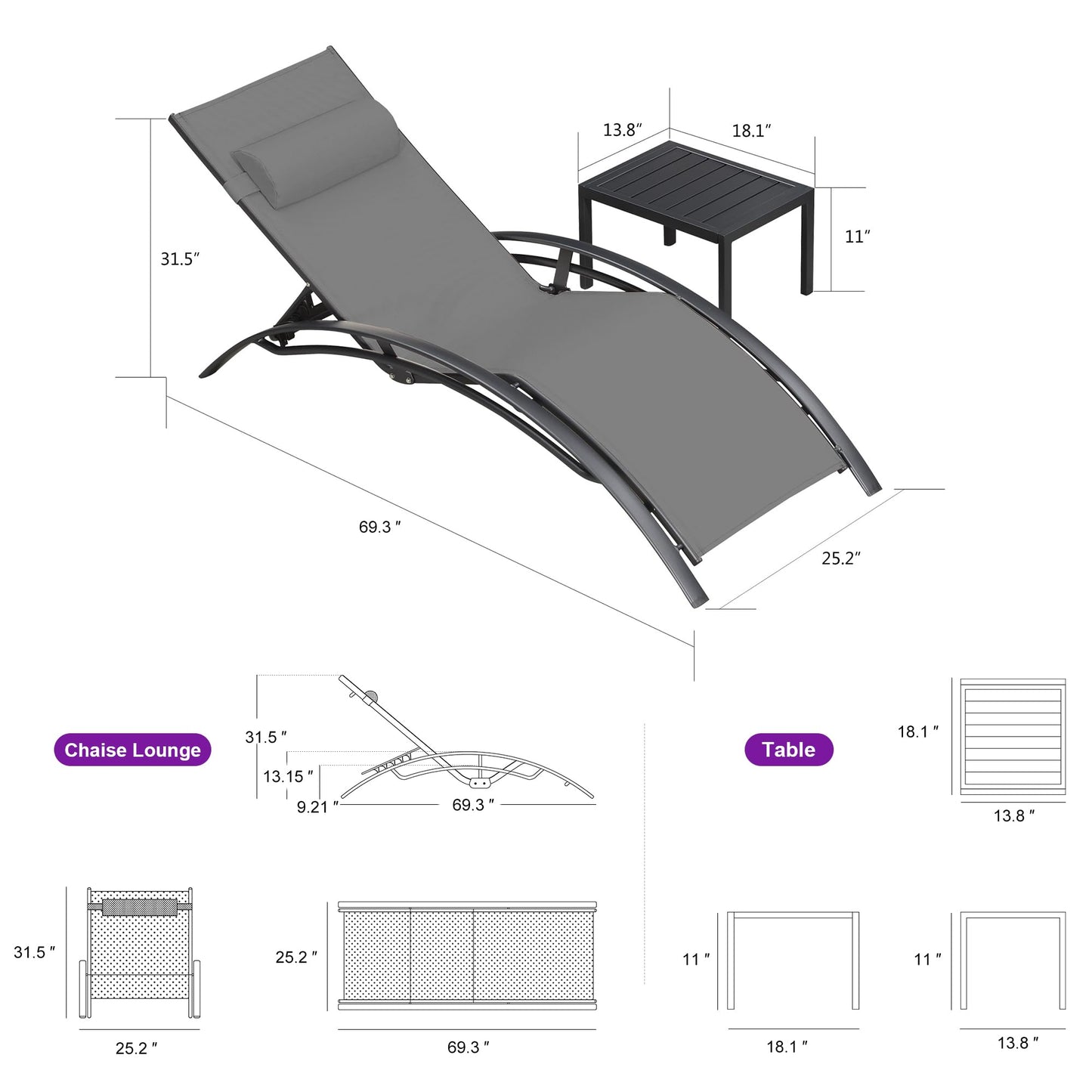 PURPLE LEAF Patio Chaise Lounge Set Outdoor Beach Pool Sunbathing Lawn Lounger Recliner Chair Outside Chairs with Side Table Included