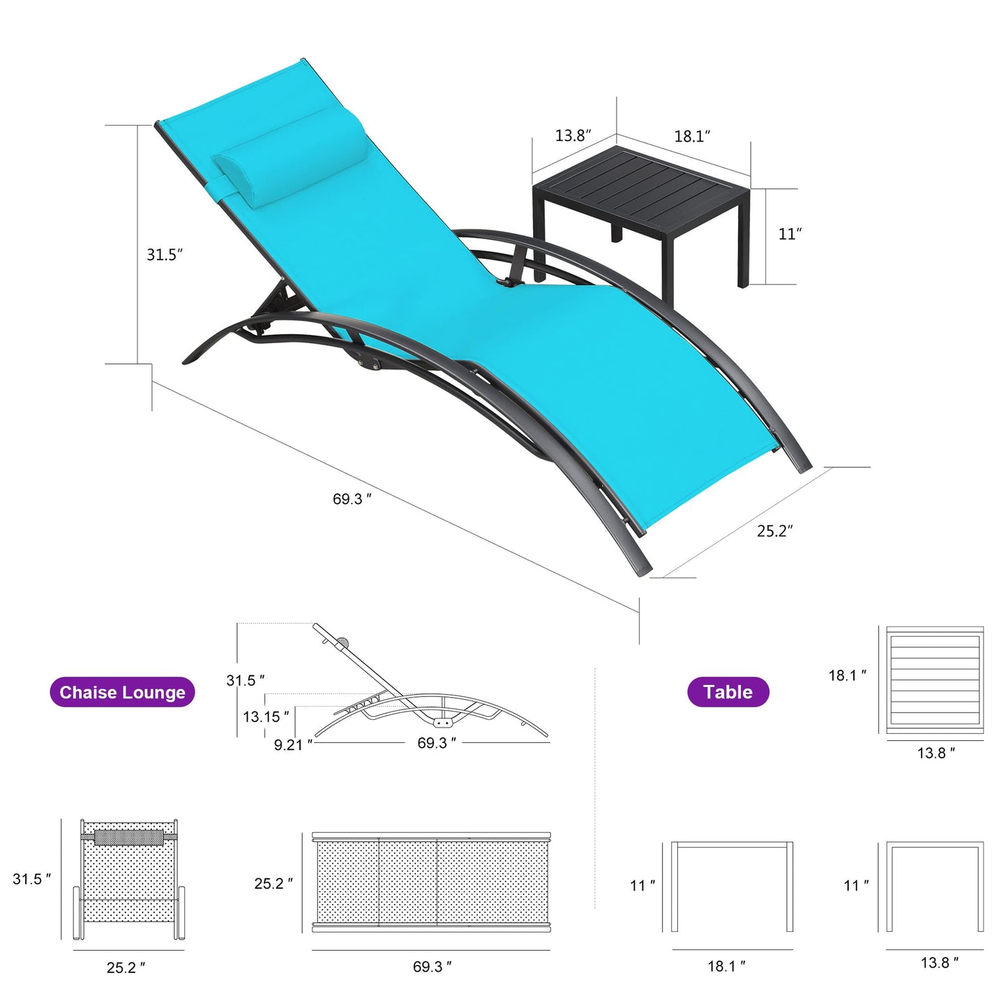 PURPLE LEAF Patio Chaise Lounge Set Outdoor Beach Pool Sunbathing Lawn Lounger Recliner Chair Outside Chairs with Side Table Included