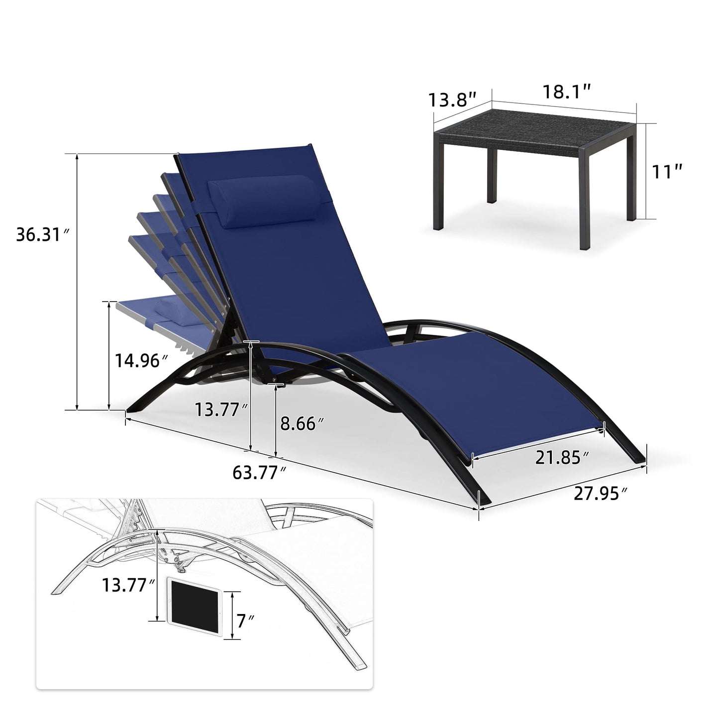 PURPLE LEAF Patio Chaise Lounge Set Outdoor Beach Pool Sunbathing Lawn Lounger Recliner Chair Outside Chairs with Side Table Included