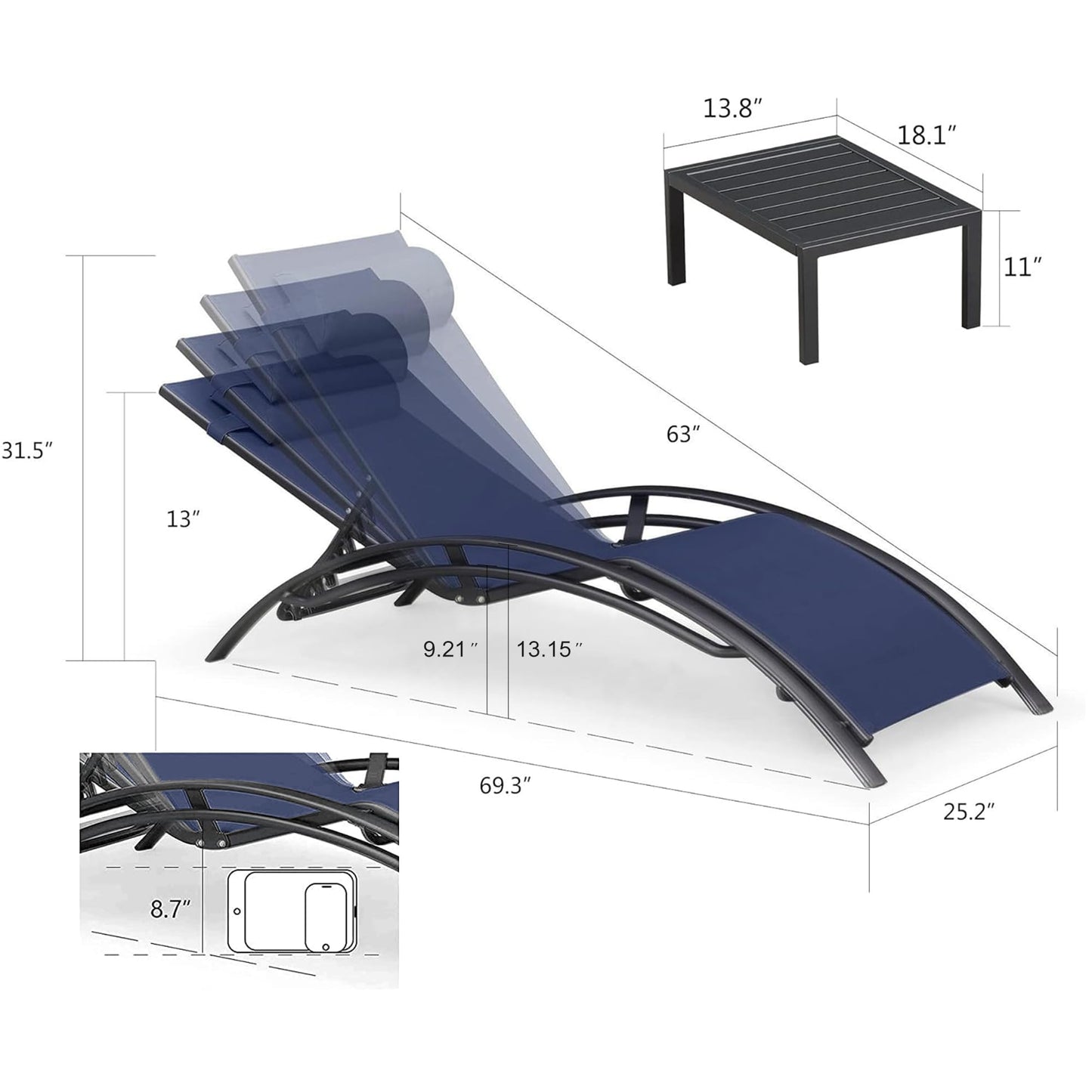 PURPLE LEAF Patio Chaise Lounge Set Outdoor Beach Pool Sunbathing Lawn Lounger Recliner Chair Outside Chairs with Side Table Included