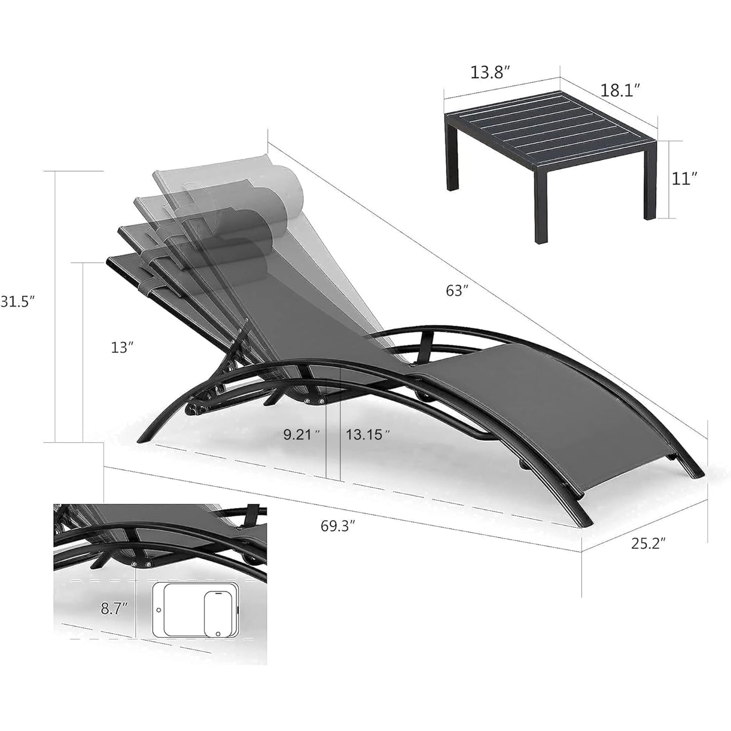 PURPLE LEAF Patio Chaise Lounge Set Outdoor Beach Pool Sunbathing Lawn Lounger Recliner Chair Outside Chairs with Side Table Included