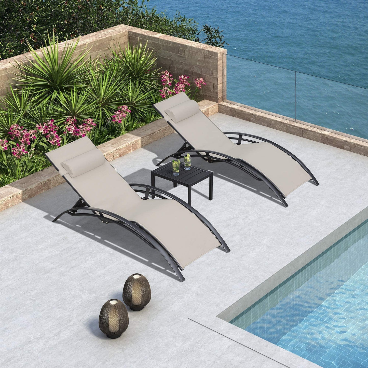 PURPLE LEAF Patio Chaise Lounge Set Outdoor Beach Pool Sunbathing Lawn Lounger Recliner Chair Outside Chairs with Side Table Included