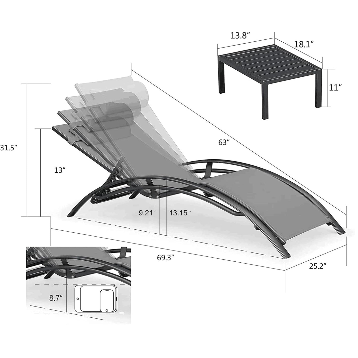PURPLE LEAF Patio Chaise Lounge Set Outdoor Beach Pool Sunbathing Lawn Lounger Recliner Chair Outside Chairs with Side Table Included