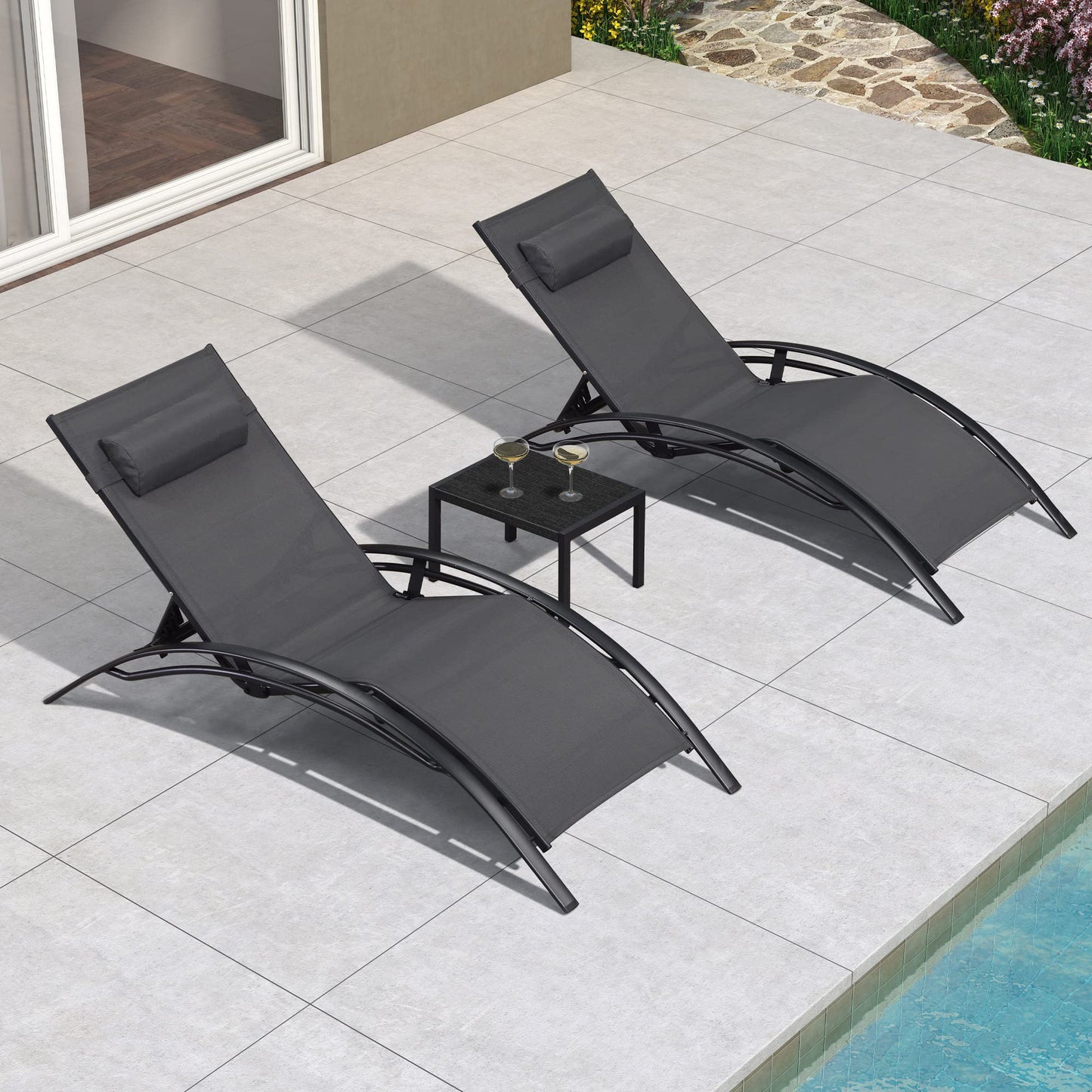 PURPLE LEAF Patio Chaise Lounge Set Outdoor Beach Pool Sunbathing Lawn Lounger Recliner Chair Outside Chairs with Side Table Included
